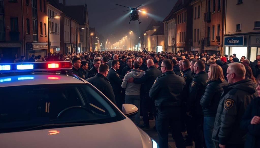 A chaotic police operation unfolding in the streets of Völklingen. Uniformed officers swarm the scene, their faces tense with focus. In the foreground, a squad car with flashing blue lights casts an eerie glow over the surroundings. Crowds of onlookers watch anxiously from the sidewalks, their expressions a mix of concern and curiosity. The middle ground reveals the source of the commotion - a suspect being apprehended, their movements restrained by the officers' firm grips. Overhead, a news helicopter hovers, its searchlight sweeping across the darkened urban landscape. The atmosphere is charged with a palpable sense of tension and unease, reflecting the gravity of the situation unfolding in this small Saarland town.