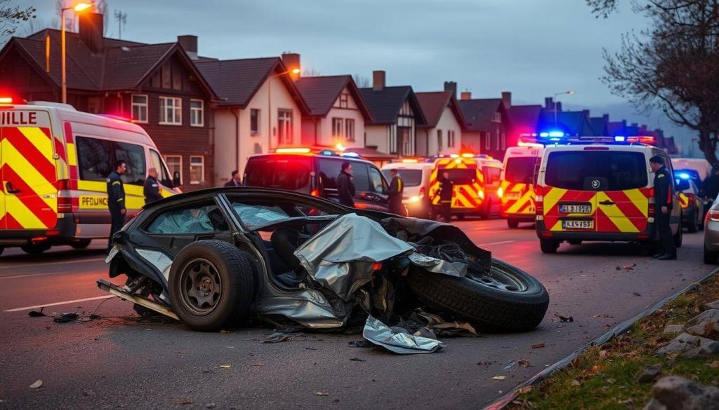 A chaotic scene on a suburban street in Kreuzlingen, Switzerland. In the foreground, the crumpled wreckage of a stolen car, its tires shredded and glass shattered from a high-speed collision. Emergency vehicles with flashing lights surround the crash site, their crews attending to the injured. In the middle ground, bystanders gather, some with looks of concern on their faces. The background is a row of quaint, two-story houses lining the street, their warm lighting casting a soft glow over the entire scene. The overall atmosphere is tense and somber, conveying the gravity of the situation - a stolen vehicle, a dramatic accident, and the apprehension of the culprits. The image is shot from a low angle, emphasizing the chaos and urgency of the moment.
