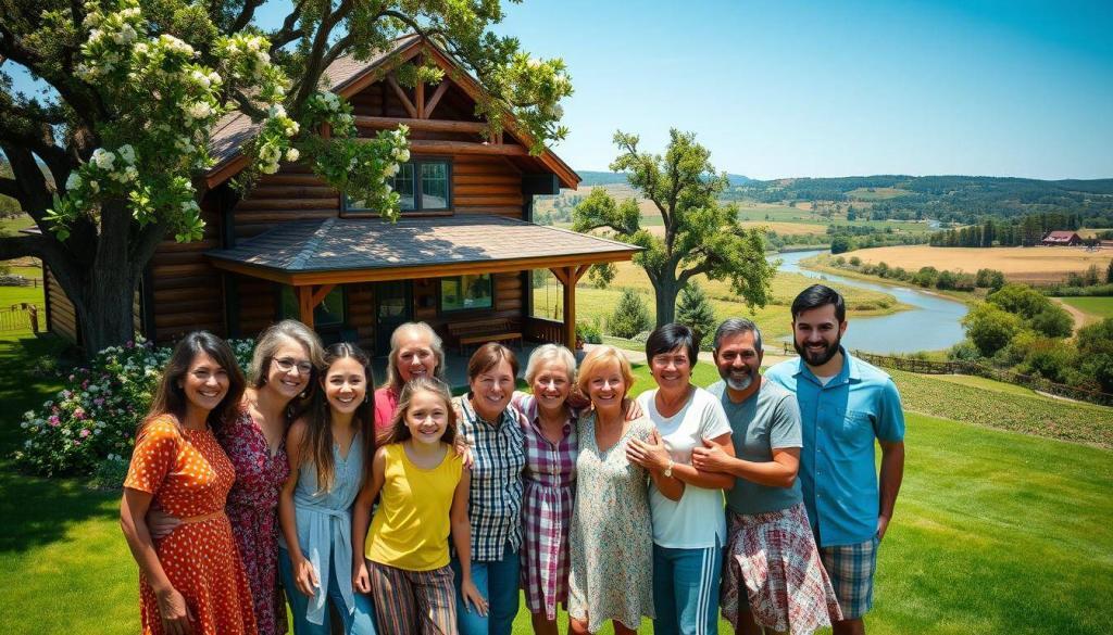 A cheerful, sun-drenched patchwork family portrait. In the foreground, a vibrant group of smiling individuals - a mix of ages and ethnicities, gathered together on a lush, verdant lawn. Lively expressions, warm embraces, a sense of unity and belonging. The middle ground features a cozy, rustic wooden house with a wraparound porch, framed by blooming flowers and towering oak trees. In the background, a picturesque countryside landscape unfolds, with rolling hills, a winding river, and a clear blue sky. The lighting is soft and natural, accentuating the familial intimacy and domestic tranquility. A lens with a slightly wide angle captures the full scene, conveying a sense of harmony, acceptance, and the joy of coming together as a patchwork family.