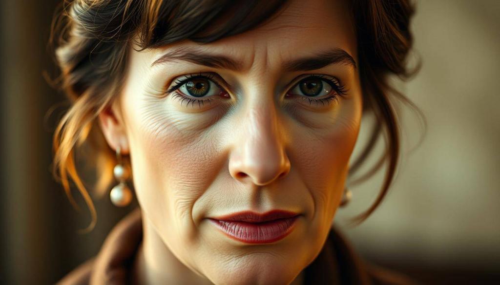 A cinematic close-up portrait of Sophie Marie Mühe, a renowned German actress, against a softly blurred backdrop. Her face is illuminated by warm, natural lighting, capturing the depth and nuance of her expression. The frame is carefully composed, placing emphasis on her striking features and piercing gaze. The image has a timeless, analog film aesthetic, with a subtle grain texture and muted color palette that evokes the golden age of cinema. The overall mood is contemplative and introspective, reflecting the gravity and significance of her most memorable roles.