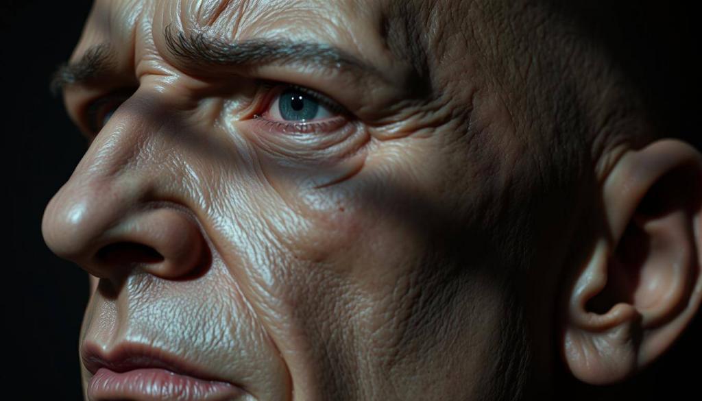 A close-up forensic facial reconstruction, with meticulously detailed features and textures. Crisp lighting from the side, casting dramatic shadows to highlight the contours of the face. The expression is somber, pensive, conveying the gravity of a criminal investigation. The skin has a realistic, lifelike quality, with intricate pores, wrinkles, and subtle imperfections. The eyes are piercing, conveying a sense of analytical focus. The overall mood is one of careful examination and the pursuit of justice.