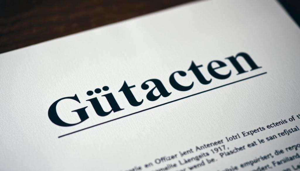 A close-up of an official-looking document titled "Gutachten" (expert opinion) against a blurred background. The document has a formal, legal appearance with a stamp or seal, conveying a sense of authority and objectivity. The lighting is soft and directional, creating subtle shadows and highlights that accentuate the texture and details of the paper. The composition places the document in the center, with a slight angle to give a sense of depth and perspective. The overall mood is serious and analytical, reflecting the careful examination of the plagiarism allegations.