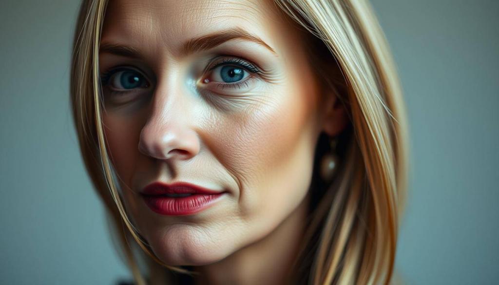 A close-up portrait of Edith Stehfest, a German media personality, against a soft, blurred background. Her face is the focal point, showcasing her distinct facial features - high cheekbones, full lips, and piercing eyes. The lighting is gentle, creating soft shadows and highlights that accentuate her natural beauty. The lens has a shallow depth of field, gently blurring the background and drawing the viewer's attention to Edith's face. The overall mood is one of introspection and quiet contemplation, hinting at the personal journey and experiences that have shaped her appearance and public persona.
