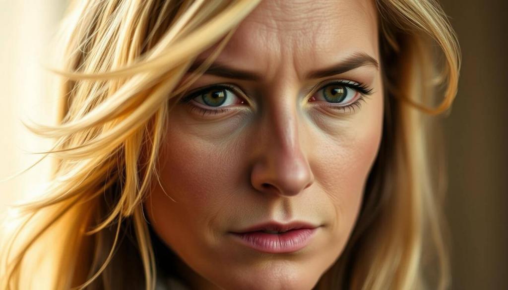 A close-up portrait of German actress Sophie Marie Mühe, her face partially obscured by a wisp of blonde hair blowing across her brow. She gazes introspectively, her eyes reflecting a mix of determination and vulnerability. Soft, warm lighting illuminates the contours of her face, creating a sense of depth and dimension. The background is blurred, hinting at a stage or film set, suggesting the backdrop of her professional successes and challenges. The overall mood is one of quiet contemplation, capturing the essence of the section title "Sophie Marie Mühe über Erfolg und Misserfolg".