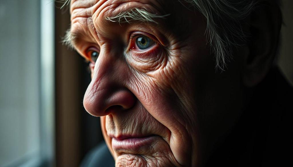 A close-up portrait of Hein Simons, once the beloved Schlager star known as Heintje, gazing solemnly off-camera. His weathered face bears the weight of declining health, conveying a sense of resignation as his illustrious career comes to a close. The lighting is soft and moody, casting dramatic shadows that accentuate the lines of his aging features. The background is blurred, keeping the focus solely on Heintje's pensive expression, a visual metaphor for the fading of his time in the spotlight. The overall mood is contemplative and melancholic, hinting at the bittersweet reality of Heintje's twilight years.