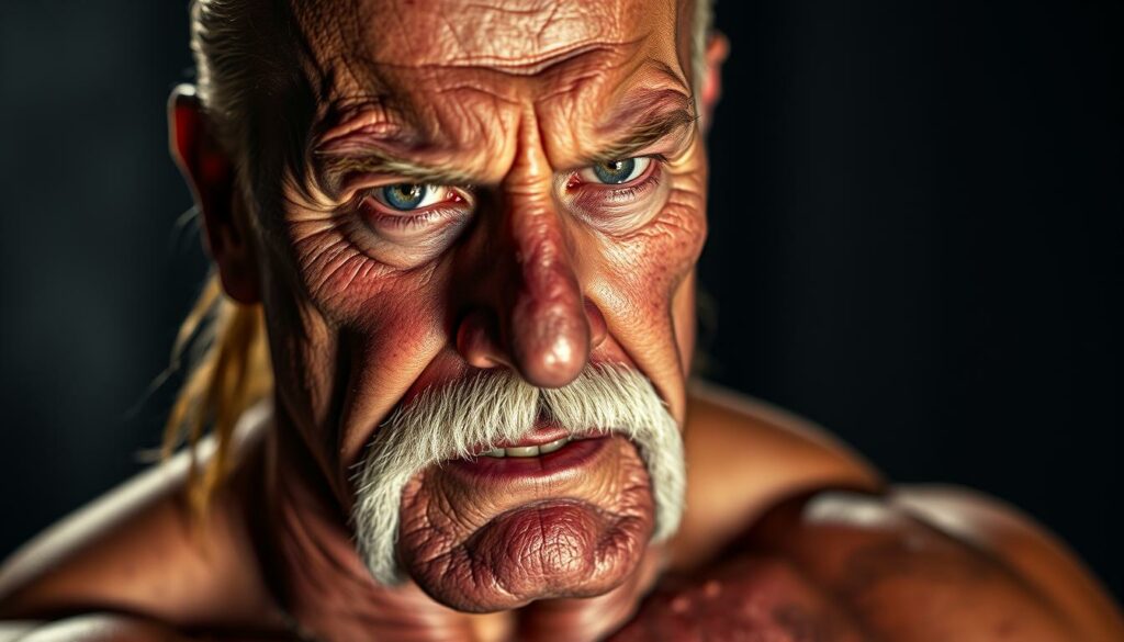 A close-up portrait of Hulk Hogan, the legendary professional wrestler, his face etched with the toll of years of intense physical strain and injuries. The lighting is dramatic, casting deep shadows across his weathered features, conveying a sense of the health challenges he has endured. The middle ground shows his muscular, scarred physique, a testament to the brutal demands of his career. The background is blurred, keeping the focus on Hogan's pained, yet resilient expression, capturing the essence of his health struggles as a wrestling icon.