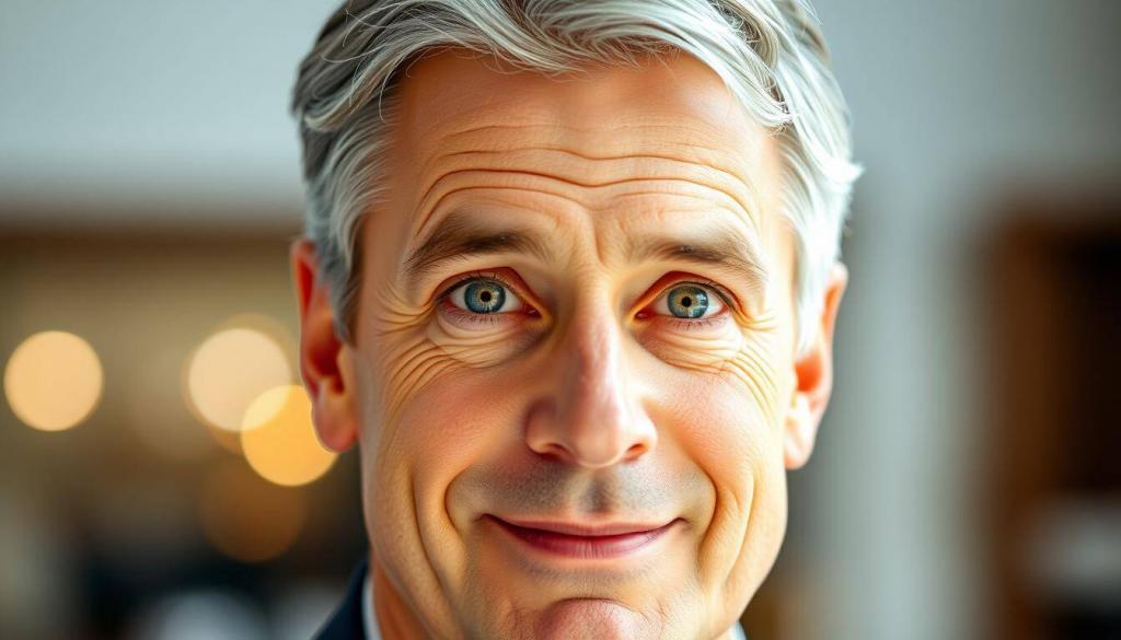 A close-up portrait of Jörg Pilawa, a well-known German television presenter and personality. His face is lit with soft, natural lighting, highlighting his distinct features - the piercing blue eyes, the neatly combed salt-and-pepper hair, and the friendly, slightly quirky expression. The background is blurred, placing the emphasis on Pilawa's personable presence. The image conveys a sense of warmth and approachability, reflecting his public persona as an engaging and relatable media figure. The overall tone is professional yet approachable, suitable for an article section detailing his background and current life situation.