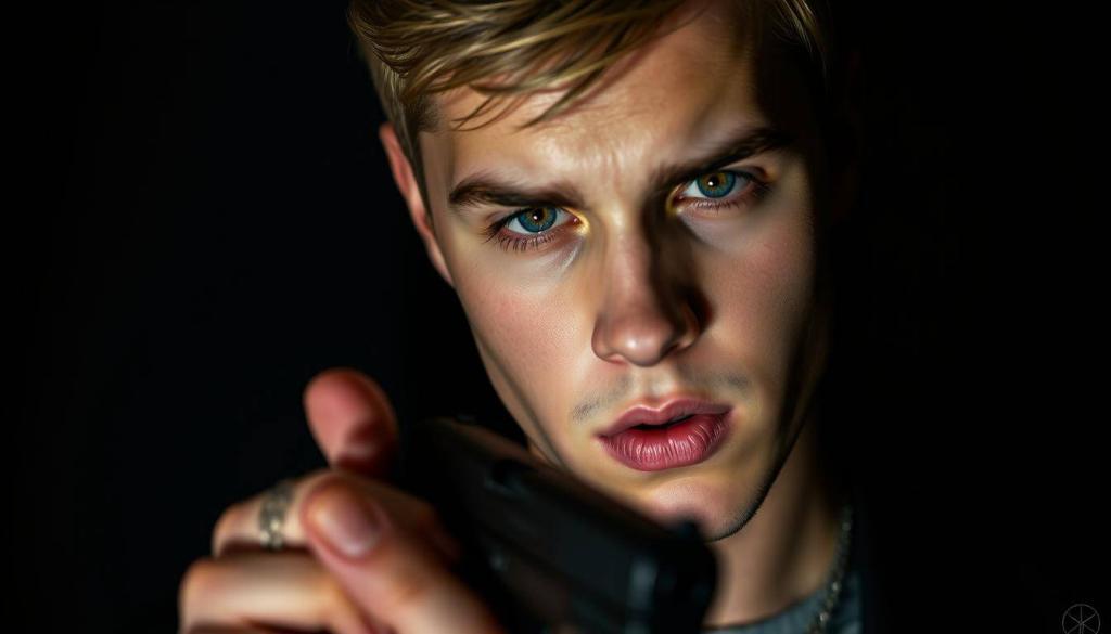 A close-up portrait of Justin Bieber, his face alight with intense fascination, as he carefully examines a sleek, high-powered handgun. The lighting is dramatic, casting deep shadows and highlights that accentuate the singer's features. The background is blurred, keeping the focus solely on Bieber's rapt expression and the weapon he holds, conveying a palpable sense of his apparent enthusiasm for firearms. The image is shot at a slight angle, lending an air of tension and a sense that the viewer is witnessing an intimate, private moment.