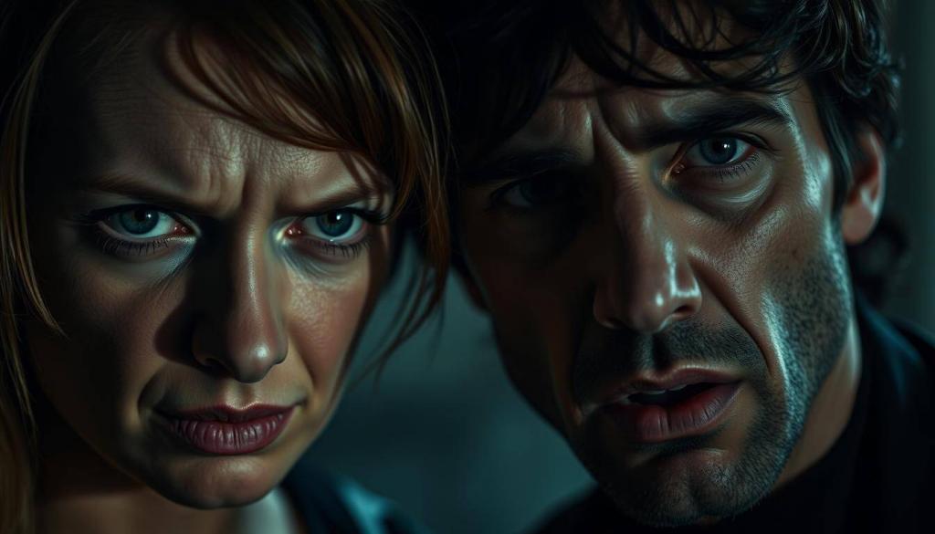 A close-up portrait of Laura Maria Rypa and Pietro Lombardi, their faces captured in a moment of raw, emotional reaction. The foreground showcases their expressive, pensive expressions, conveying a sense of tension and unease. The middle ground blurs into a soft, hazy background, keeping the focus solely on their reactions. Dramatic, moody lighting casts dramatic shadows, adding depth and intensity to the scene. The overall mood is one of introspection and vulnerability, as if the viewer is privy to a private, vulnerable moment between the two individuals.