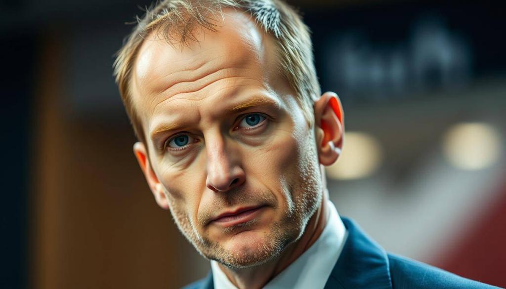 A close-up portrait of Mario Basler, the former German professional footballer, in a pensive, contemplative pose. He is dressed in a well-tailored suit, conveying an air of professionalism and success. The lighting is soft and flattering, creating depth and dimension to his facial features. The background is slightly blurred, suggesting a media or broadcasting setting, hinting at Basler's post-retirement career in the media industry. The overall mood is one of confidence and accomplishment, reflecting his transition from the football pitch to the media landscape.