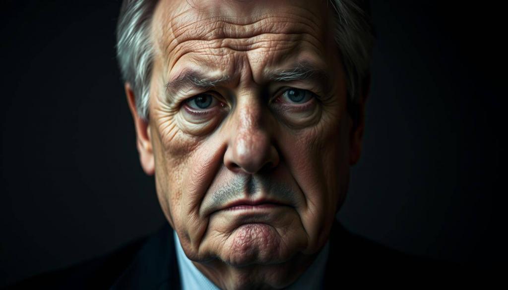 A close-up portrait of Otmar Kury, a renowned German criminal defense attorney, standing against a somber, muted background. Kury's weathered face exudes a pensive, contemplative expression, his brow furrowed as he gazes intently, conveying a sense of gravitas and experience. The lighting is soft and dramatic, casting subtle shadows that accentuate the lines and contours of his features. The composition is tightly framed, drawing the viewer's attention to Kury's intense, introspective gaze, suggesting a man deeply immersed in his work and the weight of his decisions. The overall mood is one of quiet solemnity, reflecting the seriousness of the subject's professional life and the significance of his withdrawal from a high-profile case.