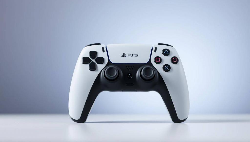 A close-up shot of a PlayStation 5 DualSense controller, displayed on a sleek, modern surface with a subtle gradient background. The controller is centered, showcasing its striking white and black color scheme, with the iconic PlayStation symbols prominently featured. The lighting is soft and diffused, highlighting the controller's premium texture and design details. The scene conveys a sense of minimalism and high-end product presentation, hinting at the controller's price point and availability for the PS5 console.