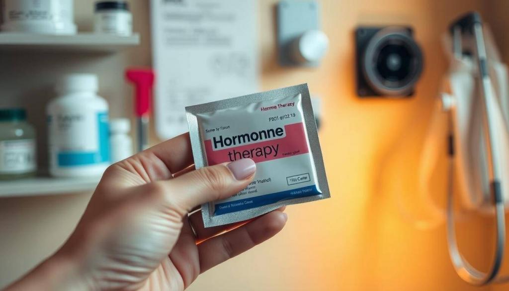A close-up shot of a woman's hand holding a package of hormone therapy medication, set against a soft, blurred background of medical supplies and equipment. The packaging is prominently displayed, with the name and dosage information clearly visible. The lighting is warm and diffused, creating a soothing, therapeutic atmosphere. The composition emphasizes the central role of hormone therapy in the experience of menopause, conveying a sense of care, trust, and empowerment in managing this natural life transition.