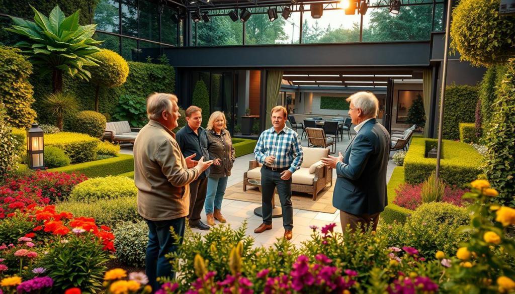 A close-up shot of the "Duell der Gartenprofis" TV studio set, showcasing a lush, verdant garden landscape with vibrant flowers and neatly trimmed shrubbery. The scene is illuminated by warm, golden lighting, creating a welcoming and inviting atmosphere. In the foreground, a group of gardening experts are engaged in an animated discussion, their expressions and body language conveying a sense of passion and expertise. The middle ground features a well-designed patio area with elegant outdoor furniture, while the background depicts a modern, glass-walled studio space. The overall composition highlights the professionalism and production value of the popular TV gardening show.
