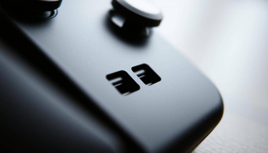 A close-up view of a Nintendo Switch console, showcasing its intricate technical details. The device is captured from a low angle, highlighting the sleek, matte-black exterior and the subtle textures of the plastic casing. The image is bathed in soft, diffused lighting, creating a sense of depth and emphasis on the console's form. The focus is primarily on the air vents, ports, and other small components that may be susceptible to dust accumulation over time. The background is slightly blurred, maintaining the device as the central point of interest. The overall mood is one of technical precision and potential issues that could arise from neglect.