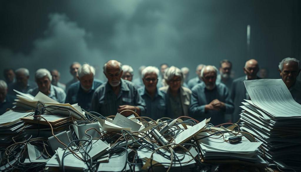 A complex system of government-run retirement insurance, depicted with a mixture of bureaucratic confusion and financial uncertainty. In the foreground, a tangled web of pension documents and files, hinting at the administrative complexities that have led to widespread calculation errors. In the middle ground, a group of pensioners anxiously awaiting their benefits, their expressions reflecting the frustration and uncertainty of the situation. The background is shrouded in a hazy, subdued palette, conveying the sense of a deeply entrenched systemic problem. Dramatic low-angle lighting casts dramatic shadows, adding to the sense of gravity. The overall mood is one of bureaucratic disarray and the human toll of flawed pension administration.