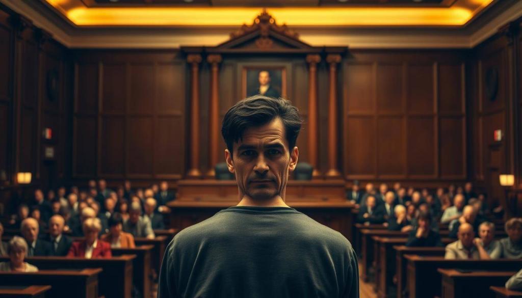 A courtroom interior, illuminated by warm, soft lighting. At the center, a judge's bench stands tall, exuding a sense of authority and impartiality. In the foreground, a defendant stands before the bench, their face etched with a mix of apprehension and defiance. The background is filled with the hushed hush of the gallery, their expressions reflecting the gravity of the proceedings. The scene conveys a somber, serious atmosphere, befitting the "Gerichtliche Maßnahmen" against the "Fat Comedy Schläger."