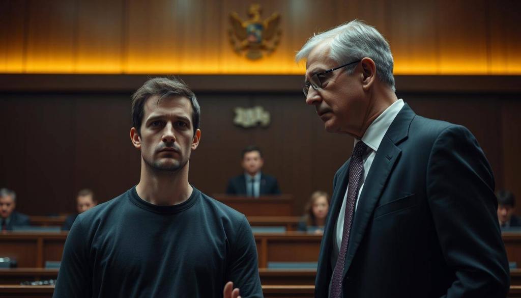 A courtroom scene with Eike Immel, the former goalkeeper, and his attorney standing before the judge. Immel's face is a mix of concern and resignation, his attorney leaning in to offer counsel. The lighting is somber, casting dramatic shadows that accentuate the tension in the room. The judge's bench looms in the background, a symbol of the gravity of the situation. The perspective is slightly elevated, giving a sense of the weight of the proceedings. The atmosphere is one of seriousness and foreboding, reflecting the gravity of Immel's fraud conviction and the consequences he now faces.