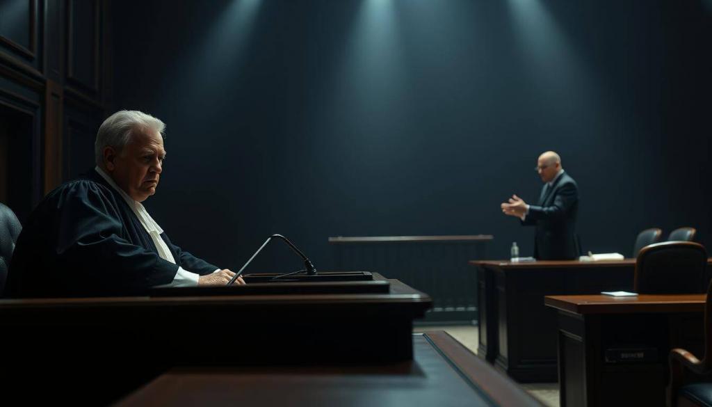 A courtroom setting with an intense atmosphere of a retrial. The foreground features a judge's bench with a stern-faced magistrate presiding, casting a solemn gaze over the proceedings. In the middle ground, two lawyers stand at opposing tables, locked in a heated debate, their gestures and expressions conveying the high stakes of the case. The background is dimly lit, casting dramatic shadows that add to the gravity of the situation. Soft, dramatic lighting illuminates the scene, creating a palpable sense of tension and anticipation. The overall composition evokes a sense of justice being carefully reconsidered, with the fate of the accused hanging in the balance.