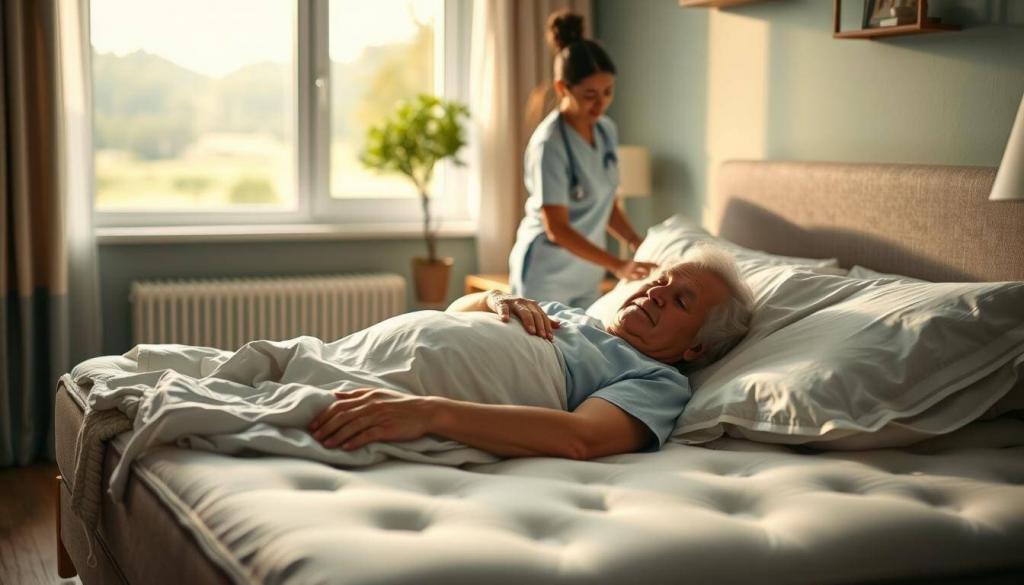 A cozy bedroom in a senior care facility, bathed in warm, soft lighting. In the foreground, an elderly resident rests peacefully on a pristine, hypoallergenic mattress, their expression serene. Surrounding them, subtle details like plush bedding, a nightstand with a lamp, and a window framing a tranquil, natural landscape, creating a soothing, comfortable atmosphere. In the middle ground, a caregiver attends to the resident's needs, their gentle movements and kind expression conveying a sense of care and attentiveness. The background subtly suggests the wider facility, with clean, well-maintained spaces that prioritize the well-being and comfort of the residents, especially those with sensitivities or age-related concerns.
