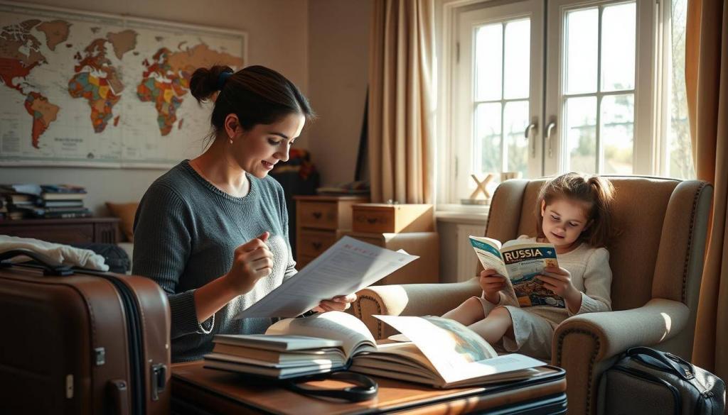 A cozy, sun-drenched room, where Renata and her daughter Stella are surrounded by suitcases, maps, and travel guides. Renata, her hair tied back, meticulously checks off items on a checklist, while Stella, perched on a plush armchair, eagerly leafs through a guidebook, her eyes alight with anticipation. Warm, muted tones fill the scene, creating a sense of comfortable preparation for their upcoming journey to Russia. The room's large windows let in natural light, casting a gentle glow on the pair as they plan their family adventure. A world map on the wall serves as a backdrop, hinting at the distant destinations they will soon explore.