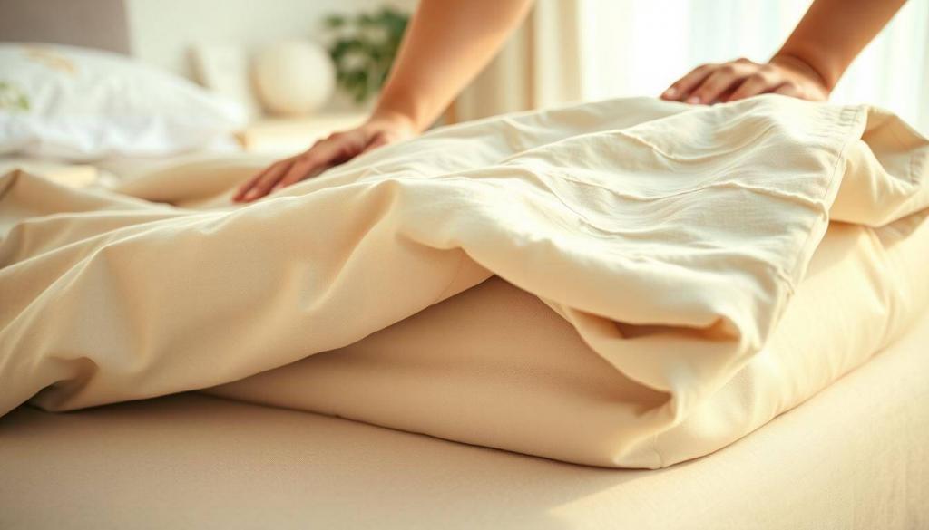 A crisp, well-lit close-up view of a person's hands gently folding a freshly washed and dried mattress cover. The cover is a neutral beige or gray, with a soft, plush texture. The hands are working methodically, smoothing out any wrinkles or creases. In the background, a bright, airy room with clean, minimalist decor is visible, suggesting a serene and calming environment. The lighting is warm and diffused, casting a gentle glow on the scene. The overall mood is one of care, attention to detail, and a sense of satisfaction in properly maintaining and caring for one's sleeping environment.