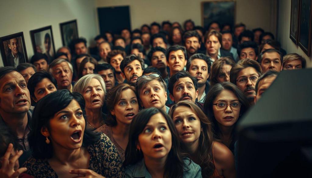 A crowded living room, filled with a diverse group of people intently watching a television screen. Faces show a range of reactions - some with wide eyes and open mouths, others nodding or gesturing animatedly. The lighting is soft and natural, casting warm hues across the scene. The camera angle is slightly elevated, capturing the viewers from a voyeuristic perspective. The atmosphere is tense and captivating, as if the audience is witnessing a shocking or scandalous event unfold before them. The level of detail and expression in each individual's face conveys the intensity of their engagement with the on-screen drama.