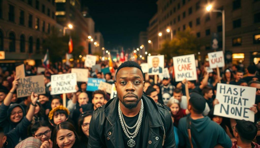 A crowded public square, the air electric with emotions. In the foreground, a diverse group of fans - some cheering, others holding protest signs, all engaged in a lively debate. In the middle ground, a lone figure - the rapper 18 Karat - commanding attention, his expression a mix of defiance and uncertainty. The background is a blur of movement, capturing the energy and intensity of the moment. Warm, dramatic lighting casts dramatic shadows, creating a sense of tension and drama. A wide-angle lens captures the full scope of the scene, highlighting the clash of perspectives and the high-stakes nature of the public's reaction.