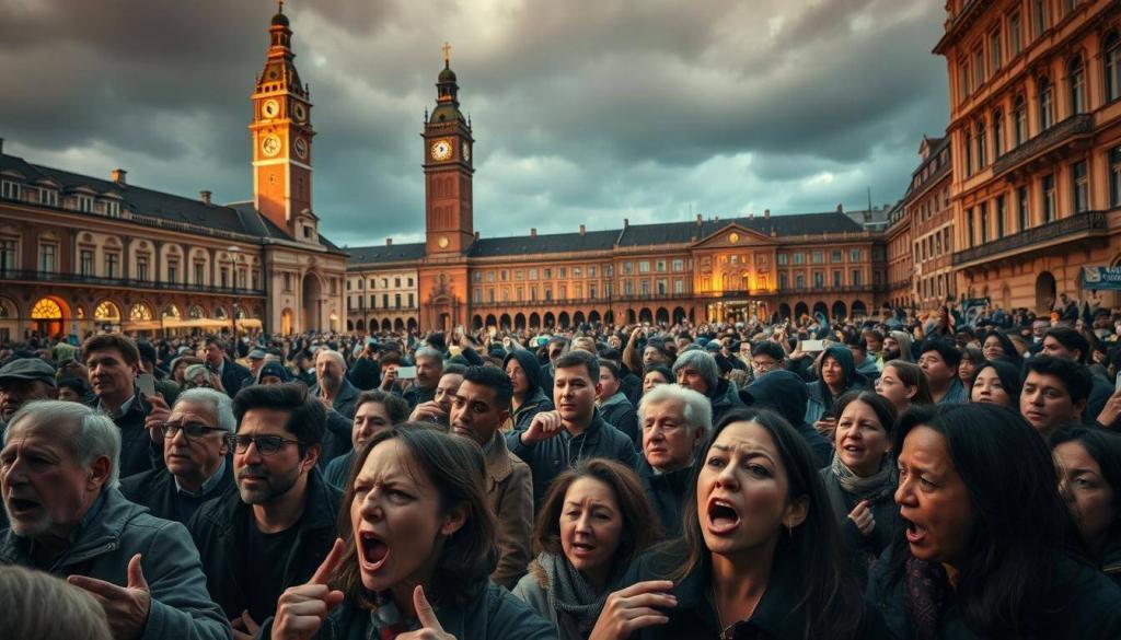 A crowded town square, people of diverse backgrounds and expressions gathered, reacting with a mix of shock, outrage, and curiosity to the announcement of a court verdict. In the foreground, a group of individuals gesticulate animatedly, their faces a mosaic of emotions - some furrowed brows and clenched fists, others with mouths agape in disbelief. The middle ground is a sea of onlookers, some with phones raised to capture the moment, others engaged in animated discussions. In the background, the architecture of the square sets a dramatic stage, with ornate buildings and a towering clock tower casting long shadows under a moody, overcast sky that heightens the sense of gravitas. The scene is illuminated by warm, directional lighting that accentuates the subjects' expressions and body language, creating a palpable sense of tension and anticipation.
