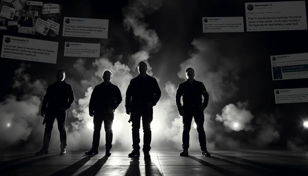 A dark and brooding scene depicting the controversies and scandals surrounding the German industrial metal band Rammstein. In the foreground, the band members stand together, their expressions stern and unyielding, casting long shadows that stretch across the stage. Behind them, swirling clouds of smoke and ominous lighting create an atmosphere of tension and unease. In the background, flashes of news headlines and social media posts allude to the band's history of provocative and controversial performances, inciting public outrage and drawing intense scrutiny. The overall composition conveys the weight and complexity of Rammstein's legacy, a tapestry of artistic expression and societal reaction.