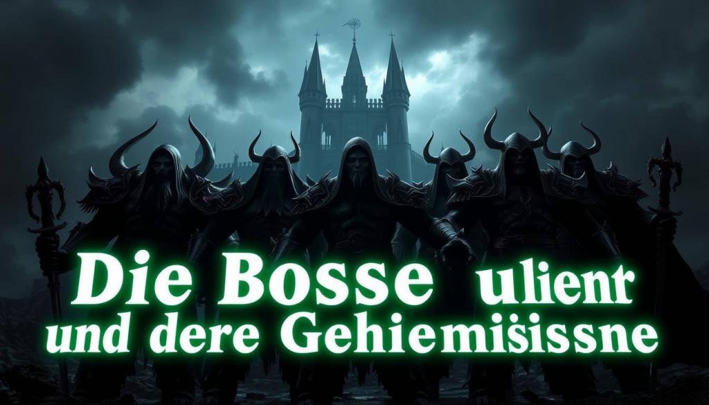 A dark, ominous castle looms in the background, its towers piercing the gloomy sky. In the foreground, a group of imposing, larger-than-life figures stand in a dramatic pose, their features shrouded in mystery. These are the Elden Ring bosses, their secrets hidden behind their formidable presence. The lighting is dramatic, casting deep shadows and highlighting the intricate details of their armor and weapons. The scene conveys a sense of power, challenge, and the weight of the unknown, perfectly capturing the essence of "Die Bosse und ihre Geheimnisse" within the world of Elden Ring Nightreign.