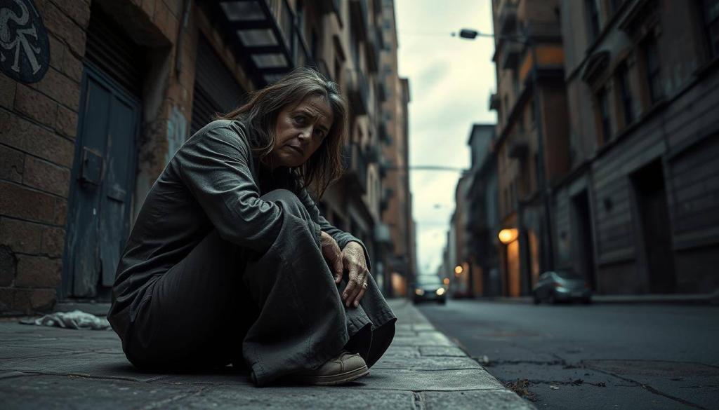 A destitute woman sits hunched on the sidewalk, her tattered clothes and hollowed expression conveying a profound sense of sorrow and despair. The harsh urban landscape surrounds her, with crumbling buildings and a dimly lit street casting an air of melancholy. The low-angle perspective emphasizes her vulnerability, as she appears small and insignificant against the towering structures that loom overhead. The lighting is somber, with a muted palette of grays and blues, creating a gloomy and atmospheric scene that captures the tragic nature of her plight. This image serves as a poignant visual representation of the downward spiral that has befallen Loni Willson, a once-vibrant individual now consumed by the ravages of addiction and hardship.