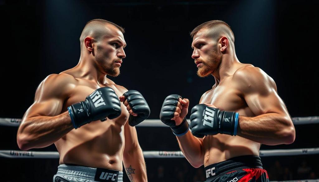 A detailed comparison of two prominent MMA fighters, captured in a striking photographic composition. The fighters stand in a professional ring, their muscular physiques and intense expressions conveying the intensity of their sport. Dramatic low-key lighting casts dramatic shadows, heightening the sense of power and tension. The background is blurred, keeping the focus firmly on the combatants. The image should evoke the thrill and drama of top-level MMA competition, visually embodying the section's title "Vergleich mit anderen MMA-Kämpfern".