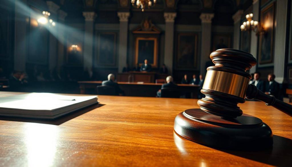 A detailed courtroom scene with dramatic lighting and angles. In the foreground, a judge's gavel and a stack of legal documents sit on a polished wooden desk, casting long shadows. The middle ground features a witness stand and a row of jurors, their faces obscured in shadow. In the background, a grand, ornate courtroom with towering columns and high ceilings, creating a sense of authority and gravitas. The atmosphere is tense and solemn, reflecting the gravity of the "Anklagepunkte" being discussed.