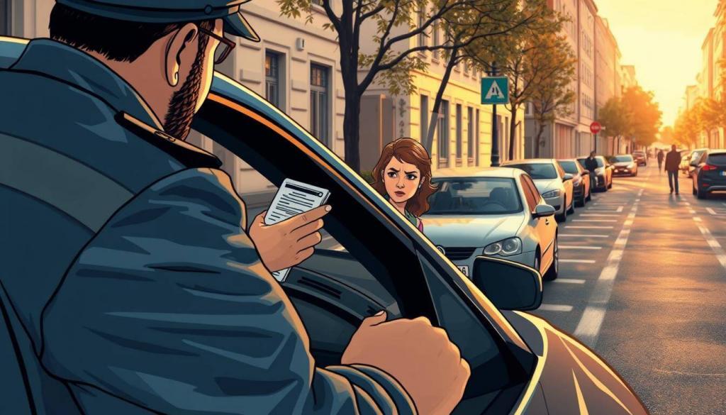 A detailed illustration depicting the step-by-step process of a parking violation penalty procedure. In the foreground, a municipal officer issuing a parking ticket on a car's windshield, captured with a slightly low angle to convey the authority of the situation. The middle ground shows the driver receiving the ticket, their expression conveying the frustration of the encounter. In the background, an urban street scene with parked cars and pedestrians, illuminated by warm, natural lighting to set a relatable, everyday tone. The overall scene should feel grounded in realism, with a focus on the procedural flow from ticket to penalty, to reflect the section title "Vom Knöllchen zum Bußgeldbescheid: Der Ablauf".