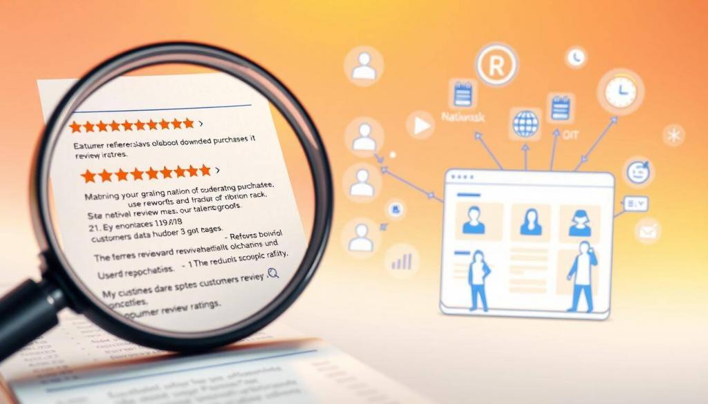 A detailed illustration of factors influencing online review ratings. In the foreground, a magnifying glass examines various customer reviews, revealing keywords and metrics like star ratings, sentiment, and verified purchase status. In the middle ground, abstract graphical representations depict algorithms, user demographics, and business reputation as key determinants of review outcomes. The background showcases a stylized e-commerce platform with icons symbolizing customer behavior, product quality, and seller responsiveness. Bright, warm lighting emphasizes the analytical, data-driven nature of the scene. A clean, minimalist aesthetic conveys the complexities of online review systems in a visually compelling manner.