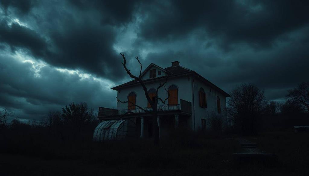 A dilapidated villa, its once-grand facade crumbling, stands alone in a shadowy, overgrown landscape. Ominous clouds loom overhead, casting a somber, haunting atmosphere. The structure's windows are boarded up, conveying a sense of abandonment and neglect. In the foreground, a single withered tree, its twisted branches reaching skyward, adds to the air of melancholy. The scene is illuminated by a moody, low-angle lighting, emphasizing the villa's imposing, foreboding presence. This is the Villa der Versuchung, a place where childhood trauma lingers, casting a dark shadow over the present.