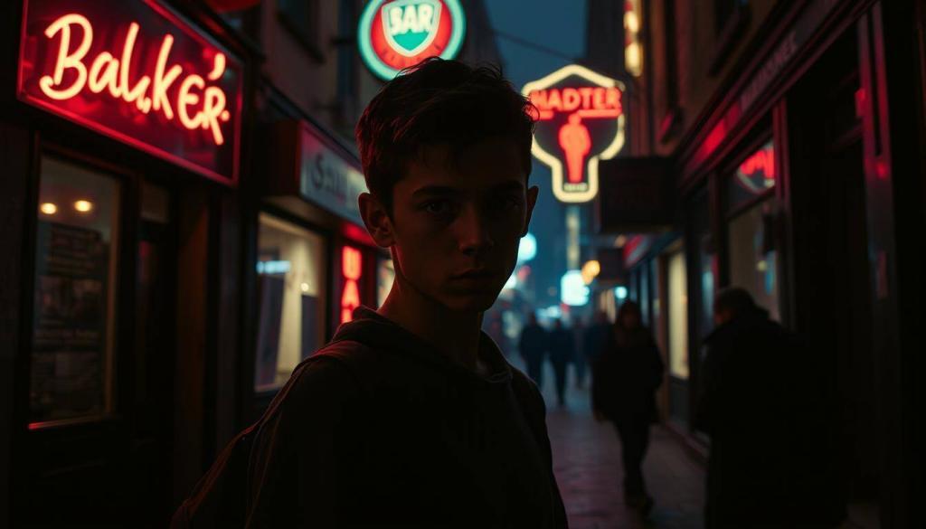 A dimly lit alleyway in the red-light district, the young Willi Herren stands alone, his face cast in shadow, conveying a sense of vulnerability and the weight of his troubled upbringing. The neon signs of nearby brothels and bars cast an eerie glow, hinting at the temptations and dangers that surrounded him. In the background, the silhouettes of passersby suggest the bustling, seedy atmosphere of the neighborhood. The scene is captured with a gritty, cinematic quality, using a low-angle lens to emphasize the harsh realities of Willi's childhood in this underworld environment.