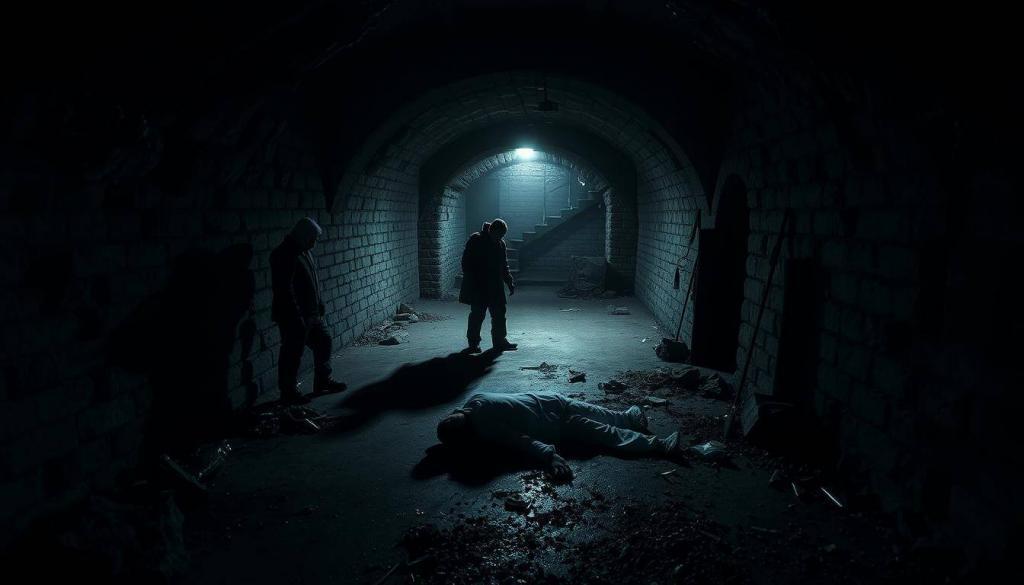 A dimly lit, cavernous underground eiskeller (ice cellar) in the heart of a small town. Shadows cast across the stone walls, the air thick with a sense of unease. In the center, a gruesome crime scene, the body of a victim lying motionless on the cold, damp floor. Forensic investigators meticulously comb the area, their movements captured in a dramatic chiaroscuro lighting. The scene is shrouded in an ominous atmosphere, hinting at the unsolved mystery and the impending legal battle to come.