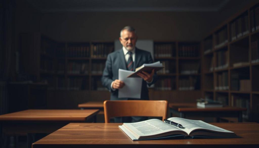 A dimly lit classroom setting, with a wooden desk and chair in the foreground. On the desk, an open textbook and a pen, symbolizing the preparation for the citizenship exam. In the middle ground, a stern-faced examiner stands, holding a stack of papers, ready to administer the test. The background is hazy, with shelves of reference books lining the walls, conveying the seriousness and weight of the occasion. Soft, warm lighting creates a somber, contemplative atmosphere, reflecting the gravity of the "Einbürgerungsprüfung" - the German citizenship exam.