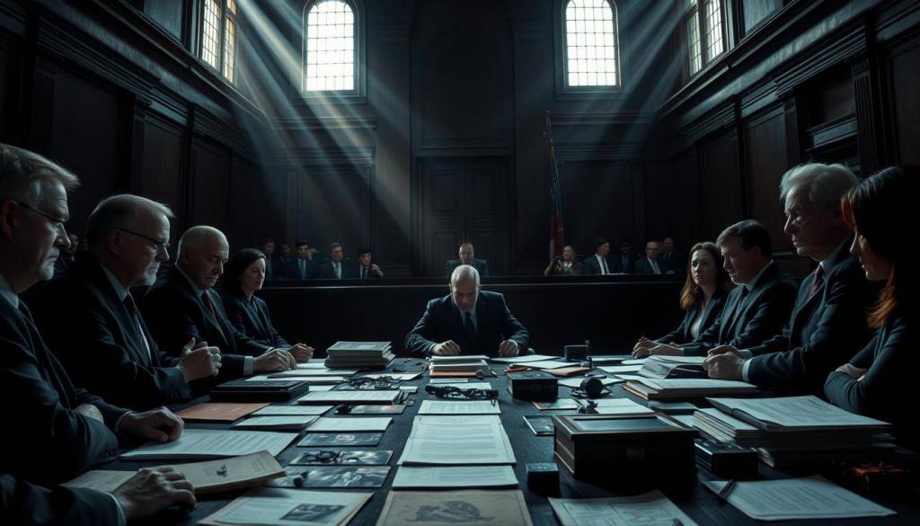 A dimly lit courtroom, the air thick with tension. In the center, a table laden with evidence - documents, photographs, and objects that hold the key to unraveling a harrowing tale. Stern-faced judges preside over the proceedings, their expressions grave as they listen intently to the testimonies unfolding before them. The defendant, a figure shrouded in shadows, sits quietly, the weight of the accusations palpable. Shafts of light filter through the high windows, casting an ominous glow upon the scene, as if illuminating the search for truth amidst the darkness. The room is hushed, save for the occasional rustling of papers and the measured tones of those seeking justice. This is a moment of reckoning, where the pursuit of truth and the quest for accountability converge, casting a somber, yet resolute, atmosphere over the court.