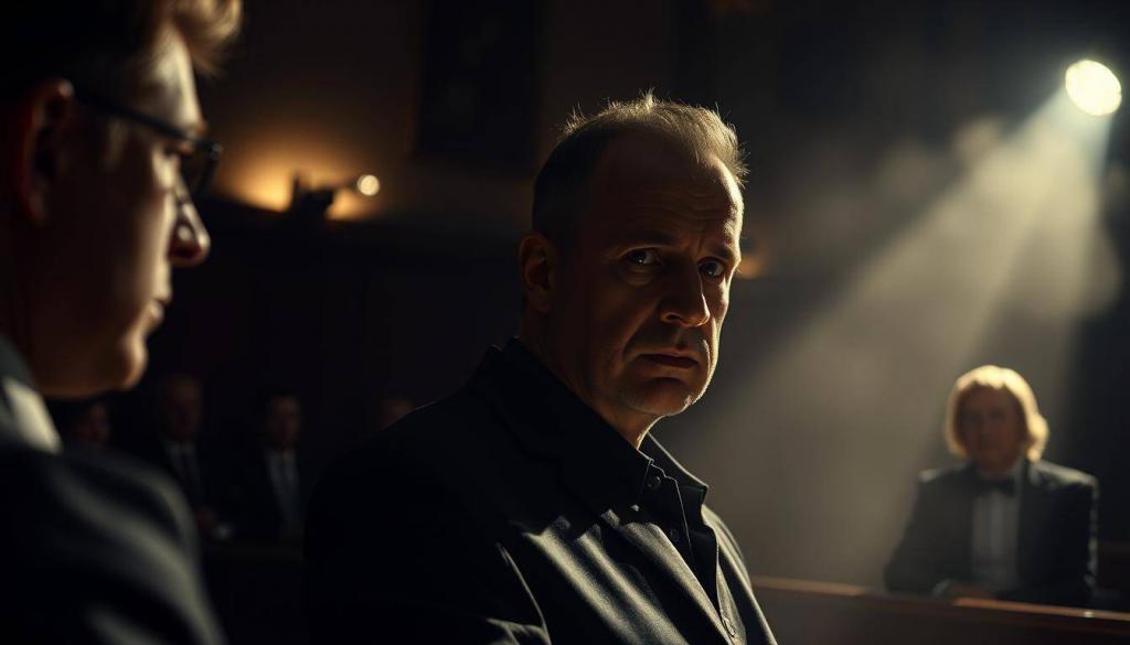 A dimly lit courtroom, the spotlight focused on the witness stand. A solemn-faced man, the "Hauptbelastungszeuge," takes the stand, his features etched with tension. The judge and jury observe intently, their expressions reflecting the gravity of the proceedings. The scene is captured through a medium-wide lens, emphasizing the weight of the moment. Chiaroscuro lighting casts dramatic shadows, heightening the sense of tension and importance. The background is hazy, drawing the viewer's attention to the central figure, the key witness whose testimony could sway the outcome of the trial.