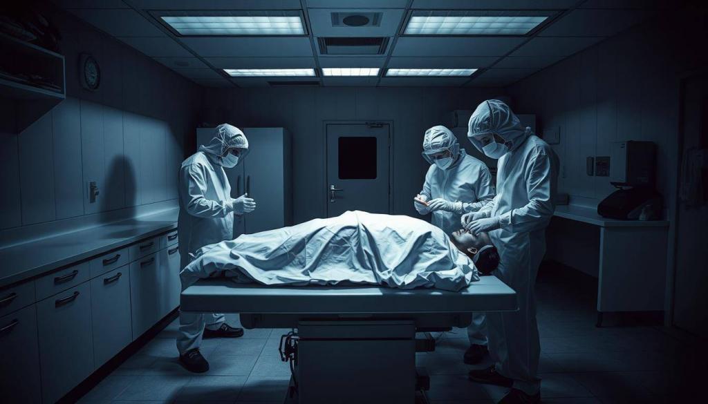 A dimly lit forensic laboratory, the sterile white countertops contrasting with the muted tones of the room. A body lies on the examination table, shrouded in a sheet, as a team of medical examiners carefully inspect the remains, searching for clues that might unravel the mystery of this individual's demise. The scene is bathed in the soft glow of overhead lighting, creating an atmosphere of somber contemplation. Shadows dance across the walls, lending a sense of palpable tension to the proceedings. The examiners, clad in their protective gear, move with a practiced precision, their expressions focused and intense as they meticulously document their findings. This image captures the essence of the "Rätsel um Todesumstände" - the puzzle of the circumstances surrounding this mysterious death.