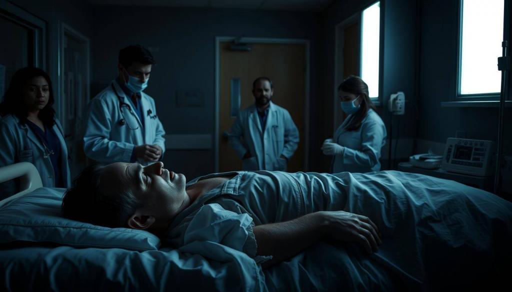 A dimly lit hospital room, with a sense of somber melancholy permeating the air. In the foreground, a middle-aged man, Matthew Perry, lies unconscious on a hospital bed, surrounded by a team of concerned medical professionals - doctors in white coats, nurses administering medication, and assistants monitoring vital signs. In the background, a shadowy figure, Jasveen Sangha, appears to be observing the scene, a hint of guilt or remorse in their expression. The lighting is low and moody, casting dramatic shadows that add to the tense, emotional atmosphere. The composition draws the viewer's eye to the central figure of Matthew Perry, while the supporting cast of characters and the subtle background presence create a sense of a larger, unfolding narrative.