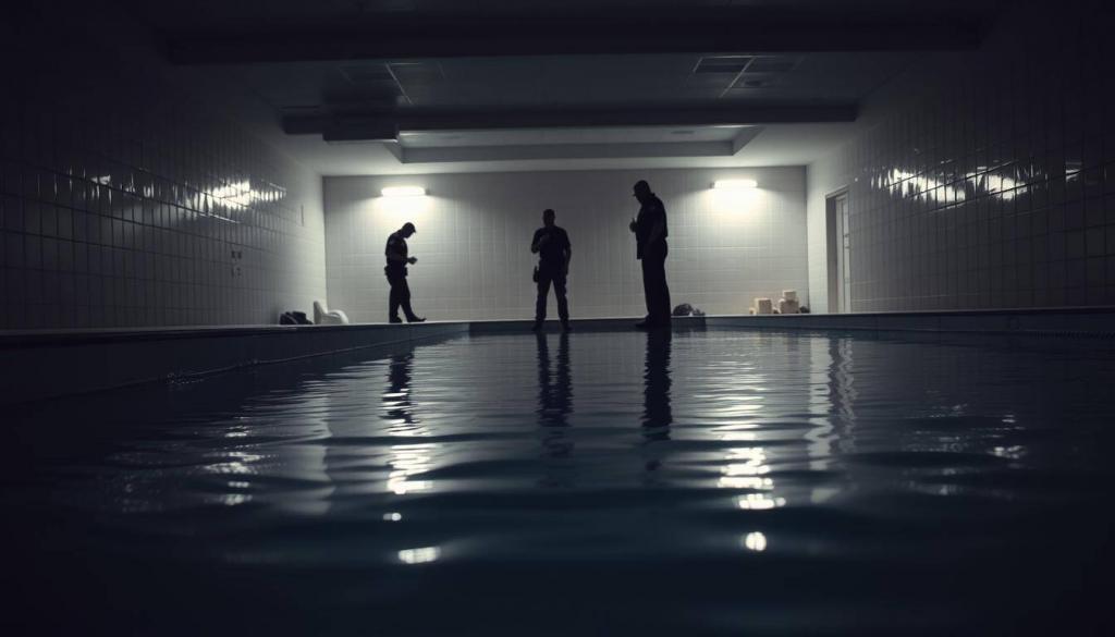 A dimly lit indoor swimming pool, the surface of the water reflecting the muted lighting and the surrounding polizei (police) officers examining the scene. The atmosphere is somber, with a sense of tension and uncertainty as the investigators carefully document the area, searching for clues and piecing together the events that led to this tragic incident. The camera angle is low, capturing the pool's edge, the tiled floor, and the polizei officers in the background, their uniforms and equipment standing out against the muted tones of the environment. The lighting is subdued, casting long shadows and creating a sense of unease, hinting at the gravity of the situation being explored.