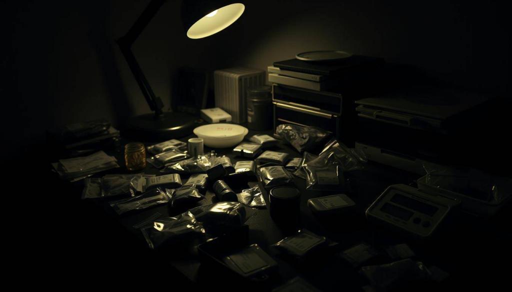 A dimly lit interior, the surface of a cluttered desk partially illuminated by a single desk lamp. Scattered across the desktop, an assortment of suspicious-looking items - small bags, plastic containers, and a small digital scale. The scene conveys a sense of clandestine activity, hinting at the underlying story of a drug dealer's workspace. The lighting casts long shadows, creating a moody, almost sinister atmosphere. The angle of the shot is slightly low, as if the viewer is peering in from an unseen vantage point, adding to the voyeuristic nature of the scene.