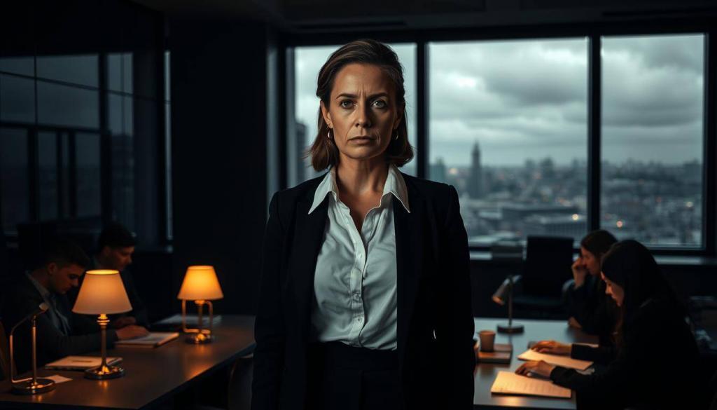 A dimly lit office interior, the air thick with tension. In the foreground, a stern-faced female prosecutor stands before her subordinates, her posture commanding attention. Surrounding her, the desks of junior attorneys are illuminated by the warm glow of desk lamps, casting dramatic shadows across the scene. In the background, a large window overlooks a bustling cityscape, the grey skies adding a sense of gravity. The lighting is carefully balanced, creating a chiaroscuro effect that highlights the gravity of the situation. The composition emphasizes the power dynamics at play, with the senior prosecutor towering over her team, her face a mask of measured scrutiny as she oversees their work. The atmosphere is one of professional detachment tinged with an undercurrent of unease, capturing the essence of "Dienstaufsicht in der Staatsanwaltschaft".