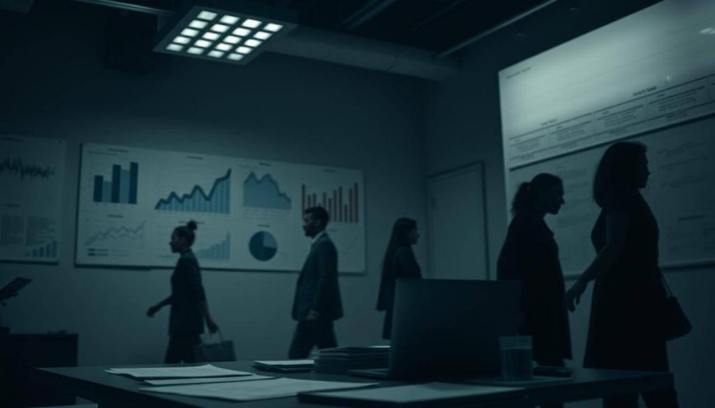 A dimly lit office space, the walls adorned with charts and graphs depicting employment trends. In the foreground, a desk with a laptop and various documents, symbolizing the complexities of the labor market. Shadowy figures move in the background, representing the diverse workforce and the challenges they face. Diffused lighting casts a somber tone, hinting at the delicate balance between social welfare and economic demands. The scene evokes a sense of contemplation, inviting the viewer to ponder the relationship between the job market and the social safety net.