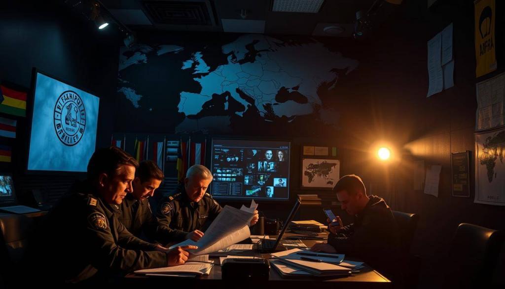 A dimly lit police operations center, the walls adorned with international flags, a large map spanning the continent. In the foreground, a team of officers intently studying documents and surveillance footage, coordinating a complex cross-border manhunt. The tension palpable, their expressions grave as they pursue the elusive suspect. Powerful spotlights cast dramatic shadows, underscoring the urgency of the mission. An Interpol logo shines on the wall, a symbol of the international cooperation driving this investigation. The atmosphere is one of determination and resolve, as the Fahndung Polizei work tirelessly to bring the perpetrator to justice.