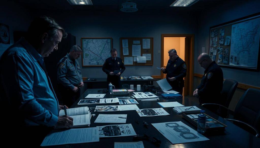 A dimly lit police station interior, with a team of officers examining evidence and forensic data on a large table. The scene is bathed in a cool, bluish lighting, creating a somber, investigative atmosphere. In the foreground, a detective studies crime scene photos and reports, while in the middle ground, other officers analyze skid marks, tire treads, and other physical evidence from the accident site. The background features a bulletin board with maps, witness statements, and other clues pinned up, hinting at the ongoing investigation into the causes of the fatal high-speed crash.
